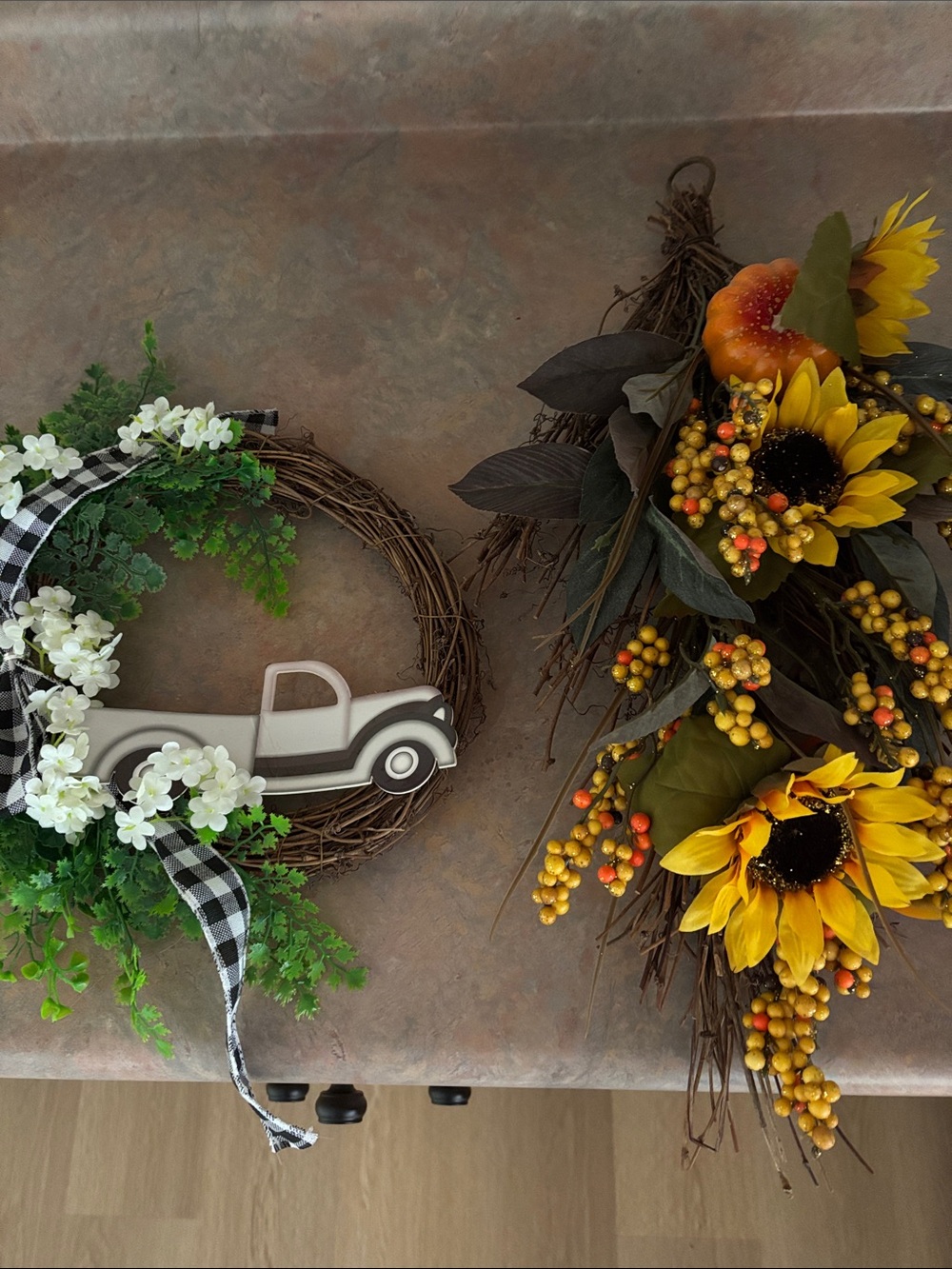 Floral Truck Wreath with Black Check Ribbon and 1 with a Pumpkin & 3 Sun Flowers